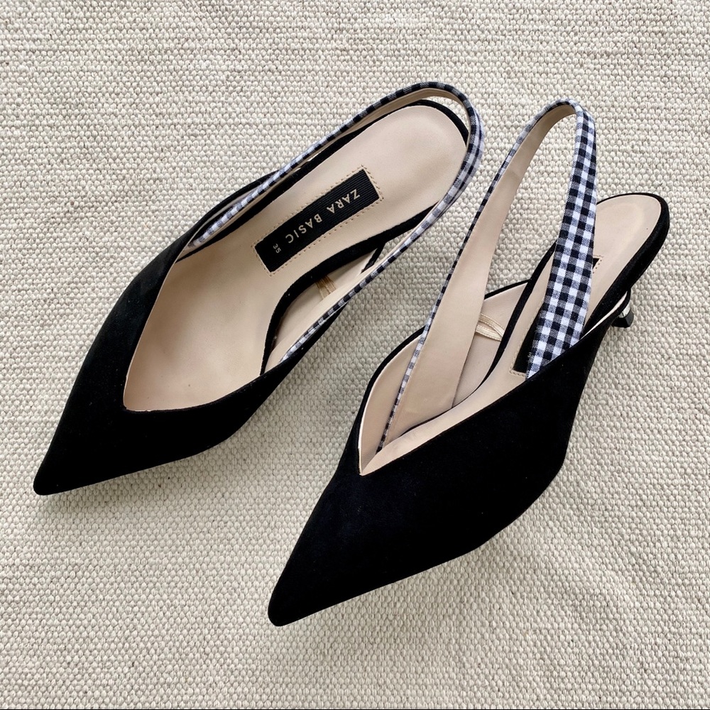 ZARA Slingback Kitten Heels Black Gingham Strap